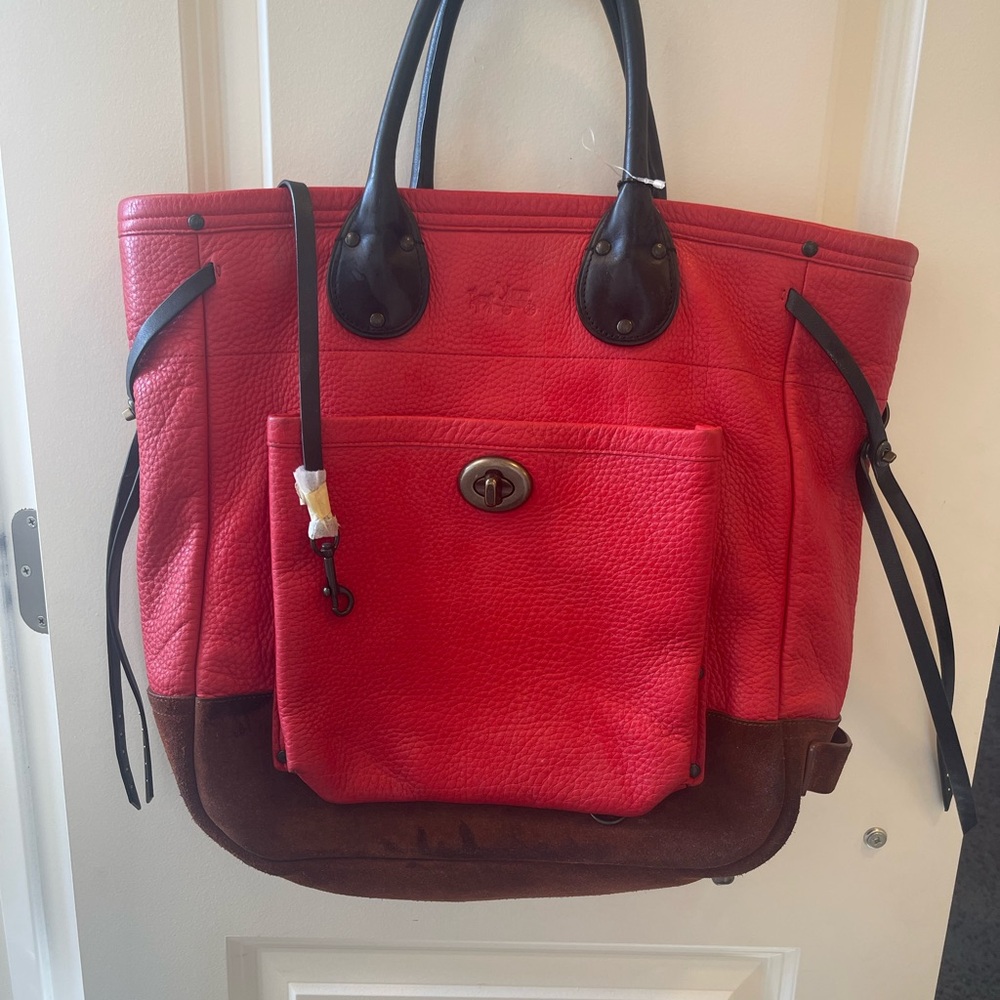 Coach Tall Tote in Red pebble leather with brown suede bottom